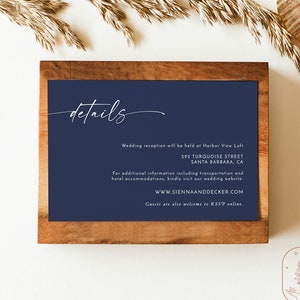 Tarjeta de detalles minimalista, tarjeta de detalles de boda moderna, inserto de boda, tarjeta de detalles azul marino, plantilla de tarjeta de detalles de boda de invierno, N1