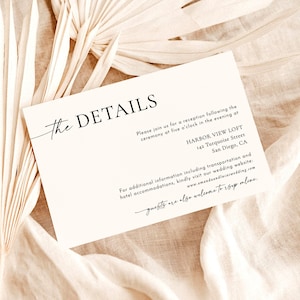 Plantilla de tarjeta de detalles minimalistas, tarjeta de detalles de boda moderna, inserto de boda, tarjeta de detalles imprimible, inserto de invitación editable, M9