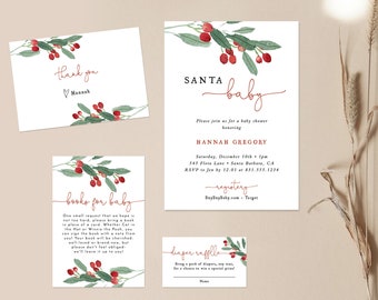 May include: A set of four white stationery cards featuring watercolor illustrations of red berries and green leaves. The cards include text for a baby shower invitation, a thank you note, a book request, and a diaper raffle ticket with red and black fonts.