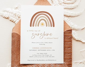 A Little Ray of Sunshine Baby Shower, Rainbow Invitation, Gender Neutral Invite, Bohemian Template, Instant Download, Editable Template, S2