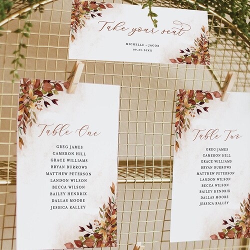 Fall Printable Seating Chart Cards Template Autumn Wedding Etsy