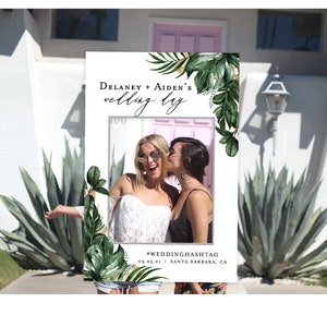Wedding Photo Frame Prop Template | Editable Selfie Station Frame | Tropical Monstera Palm Leaf | Bridal Shower Selfie Frame