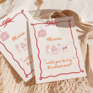 Plantilla de tarjeta de propuesta de dama de honor, ¿Serás mi dama de honor, tarjeta de dama de honor, borde ondulado, retro moderno, propuesta de dama de honor de cinta H1
