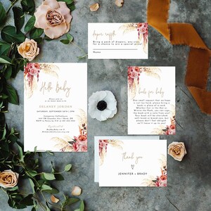 Modèle d'invitation modifiable de baby shower d'herbe de pampa | Ensemble de douche bébé fille | Livres pour bébé, tombola de couches | Invitation de douche de bébé d'automne V1