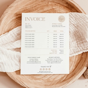 Minimalistische Rechnungsvorlage, Boho Small Business, moderne Kundenrechnung, bearbeitbare Vorlage, Dienstrechnung, Geschäftsrechnung, D1