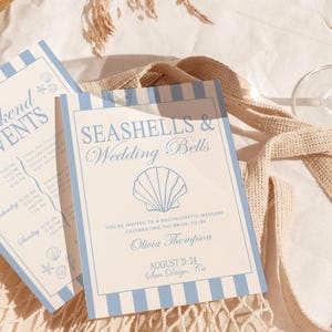 May include: Two invitation cards with blue and white striped borders. The cards read "Weekend Events" and "Seashells & Wedding Bells". The second card includes the text "You're invited to a bachelorette weekend celebrating the bride-to-be, Olivia Thompson, August 21-24, San Diego, Ca."