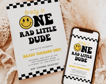 One Rad Dude Birthday Invite Template, Smiley Face Birthday Invite, Boy 1st Birthday, One Happy Dude First Bday, Editable Template, S4