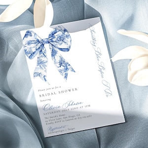 Blue Bow Bridal Shower Invitation, Something Blue Before I Do, Dusty Blue Bridal Invitation, Chinoisere Bridal Invite, Editable Template, B0