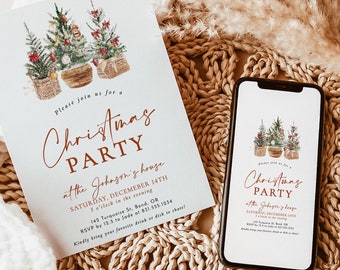 May include: A Christmas party invitation and a smartphone displaying the same design. The invitation features watercolor illustrations of Christmas trees in baskets, with text in a handwritten font. The invitation is on a white background.