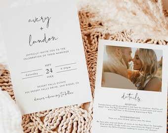 Minimalist Wedding Invitation with Details | Modern Wedding Invite | Boho Photo Wedding Invitation | Editable Template | M4