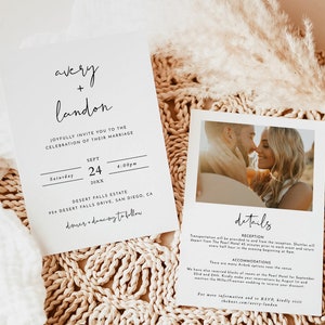 Op de afbeelding: Een huwelijksuitnodigingsset met een minimalistisch ontwerp. De uitnodiging heeft een witte achtergrond met zwarte tekst, waaronder de namen "Avery + Landon" en de datum "24 september 20XX". De RSVP-kaart toont een foto van het paar en details over de receptie en accommodatie.