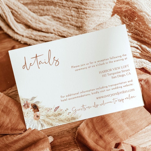 Boho Details Card | Minimalist Wedding Details Insert | Pampas Grass Wedding Details | Rust Wedding Details Card | Editable Template | A4