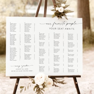Signo de tabla de asientos alfabético minimalista, tabla de asientos de nuestra gente favorita, cartel de tabla de asientos de boda moderna, plantilla editable M9