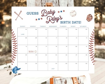 Peut inclure: Un calendrier imprimable blanc sur le thème du baseball. Le calendrier est pour juin et juillet et présente un gant de baseball, une batte et une balle. Le texte sur le calendrier dit "Devinez la date de naissance de bébé Riley !"