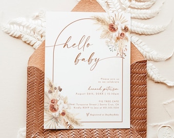 Boho Baby Shower Invitation Template | Girl Baby Shower | Modern Minimalist Arch Baby Shower Invite | Pampas Grass | Editable Template | A2