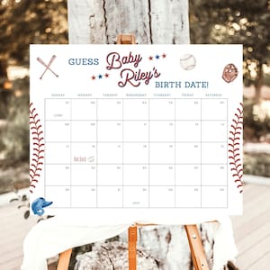 Juego de calendario de fecha de vencimiento del bebé de béisbol, cartel de la fecha de nacimiento del bebé de Guess, cartel de baby shower deportivo, juego de fecha de vencimiento, baby shower del niño, R2