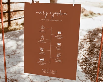 Burnt Orange Wedding Timeline Template, Welcome Poster, Order of Events, Terracotta Day Sign, Instant Download, Editable Template, T2