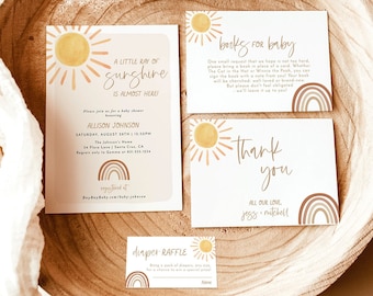 Bundle d'invitation de baby shower soleil, ensemble de baby shower de genre neutre, baby shower bohème arc-en-ciel, invitation de baby shower de soleil, S2
