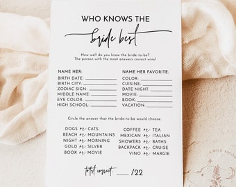 Who Knows The Bride-To-Be Best Game | Minimalist Bridal Trivia Shower Game | Modern Bridal Shower Game | Boho Bridal Shower Game | M8