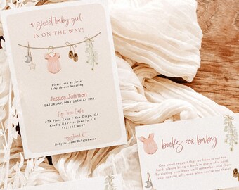 May include: A pink and white baby shower invitation with a floral design. The invitation includes the text "a sweet baby girl is on the way!" and details about the shower, including the date, time, and location. There is also a diaper raffle card with the text "diaper raffle" and "Bring a pack of diapers, any size, for a chance to win a special prize!" and a card with the text "books for baby" and "One small request that we hope is not too hard, please bring a book in place of a card. By signing your book we'll remember and share your special gift, even when you're not there!"