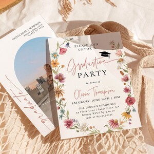 Wildflower Graduation Party Invite Template, Graduation Announcement, Modern Floral Graduation Party Invite, Photo Graduation Invite, W1