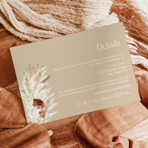 Cartão de detalhes Boho, inserção de detalhes de casamento minimalista, detalhes de casamento de grama de pampas, cartão de detalhes de casamento de ferrugem, modelo editável, A4