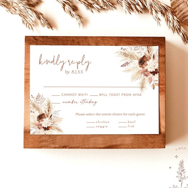 Wedding RSVP Card | Boho RSVP Card | Pampas Grass RSVP Insert | Response Card | Rust Wedding Insert Card | Editable Template | A4