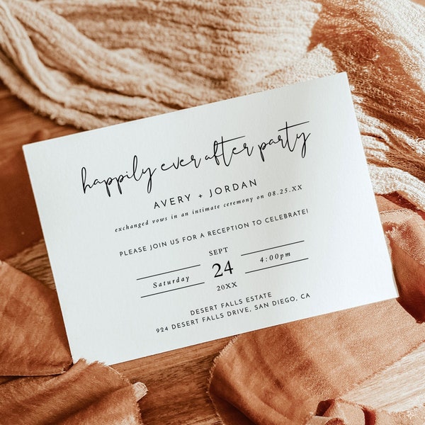 Happily Ever After Party Invite | Reception Party Invitation | Minimalist Wedding Elopement Announcement Card | Boho Reception Invite | M4