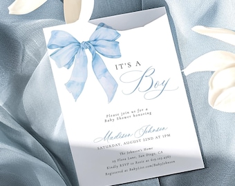 PRINTED + SHIPPED | Dusty Blue Bow Baby Shower Invitation Bundle | Boy Coquette Free Envelopes
