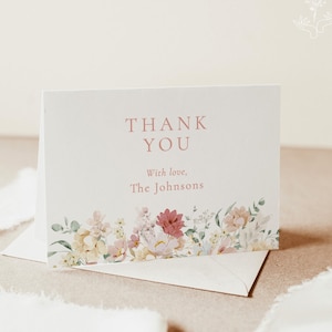 Plantilla de tarjeta de agradecimiento floral, tarjetas de agradecimiento de despedida de soltera, tarjeta de agradecimiento de baby shower, tarjeta de agradecimiento en tienda de campaña, plantilla editable, W9