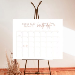 Adivina el juego de calendario de fecha de vencimiento, cartel de predicción de fecha de parto de niña, calendario de fecha de nacimiento de adivinar bebé, plantilla editable BM1
