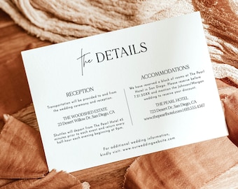 Modern Wedding Details Card, Insert, Minimalist, Printable, Editable Invitation, Instant Download, Editable Template, M7