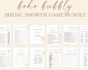 Pacote de Jogos para Chá de Panela, Jogos para Chá de Panela Boho, Jogos para Brunch de Noiva, Brunch com Champanhe Dourado e Espumante, Modelo Editável, B2