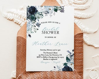 Navy + White Bridal Shower Invitation Template | Winter Wedding Shower | DIY Editable Text | Printable, Instant Download