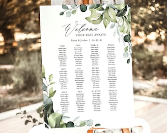 Greenery Editable Seating Chart Sign | Printable Seat Arrangement Watercolor Leaves Wedding Poster | Self-Editing Template, Instant Download