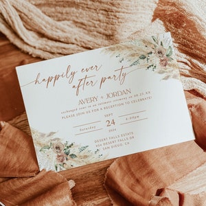 Faire-part de fête Boho Happily Ever After, faire-part de réception, herbe de la pampa, faire-part de mariage lointain, faire-part de réception, A5