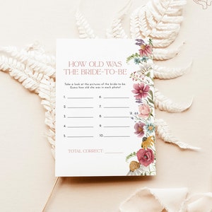 Guess the Bride&#39;s Age Game, Wildflower Bridal Shower Game, How Old Was the Bride, How Old Was the Bride To Be Bridal Shower Game, W1