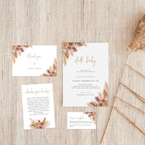 Pampas Grass Baby Shower Modèle d’invitation modifiable | Paquet de douche pour bébé fille | Livres pour bébé, tombola de couches | Invitation à la baby shower d'automne V1