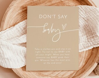 Don't Say Baby Shower Game, Clothes Pin, Boho Sign, Beige, Fall, Instant Download, Editable Template, BM1