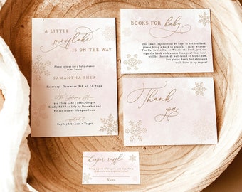 Winter Baby Shower Invite Bundle, Girl, Snowflake, Little is on the Way, Boho, Instant Download, Editable Template, W5