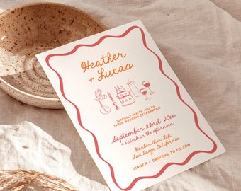 Handwritten Wedding Invite Template, Wavy Border, Colorful, Funky Whimsical, Illustration, Instant Download, Editable Template, H1