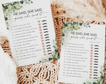 Greenery He Said She Said Game, Bridal Shower, Guess Who It Trivia, Boho, Instant Download, Editable Template