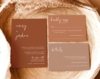 Plantilla de invitación de boda en terracota, minimalista, naranja quemado, estilo desierto, descarga instantánea, editable, color óxido, T2