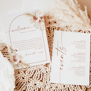 Carta per eventi di matrimonio minimalista Boho, eventi di matrimonio in terracotta, modello di itinerario del fine settimana, borsa di benvenuto, sequenza temporale del matrimonio modificabile, A2