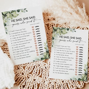 Greenery He Said She Said Game, Greenery Bridal Shower Game, Guess Who Said It Bridal Trivia, Boho Bridal Shower Game, Editable Template