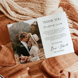 Tarjeta de agradecimiento boho, tarjeta de agradecimiento con foto, tarjeta de agradecimiento de boda minimalista, agradecimiento de boda moderno, plantilla editable, D1