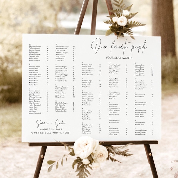 Minimalist Alphabetical Seating Chart Sign | Modern Wedding Seating Chart Poster | Our Favorite People Seating Chart | Editable Template M7