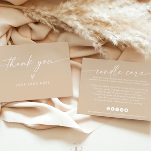 Candle Care Card Template | Boho Beige Candle Instructions Template | Thank You For Your Order | Modern Candle Care Card Package Insert