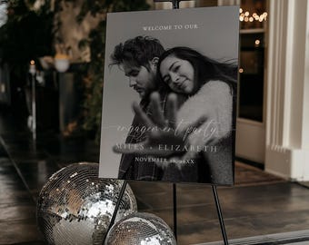 PRINTED + SHIPPED | Photo Engagement Party Welcome Sign | Modern Minimalist Black & White Calligraphy