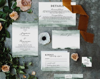 Emerald Wedding Invitation Suite Template, Green Ombre Watercolor, Forest Green Invitation, Editable Mountain Wedding Invite